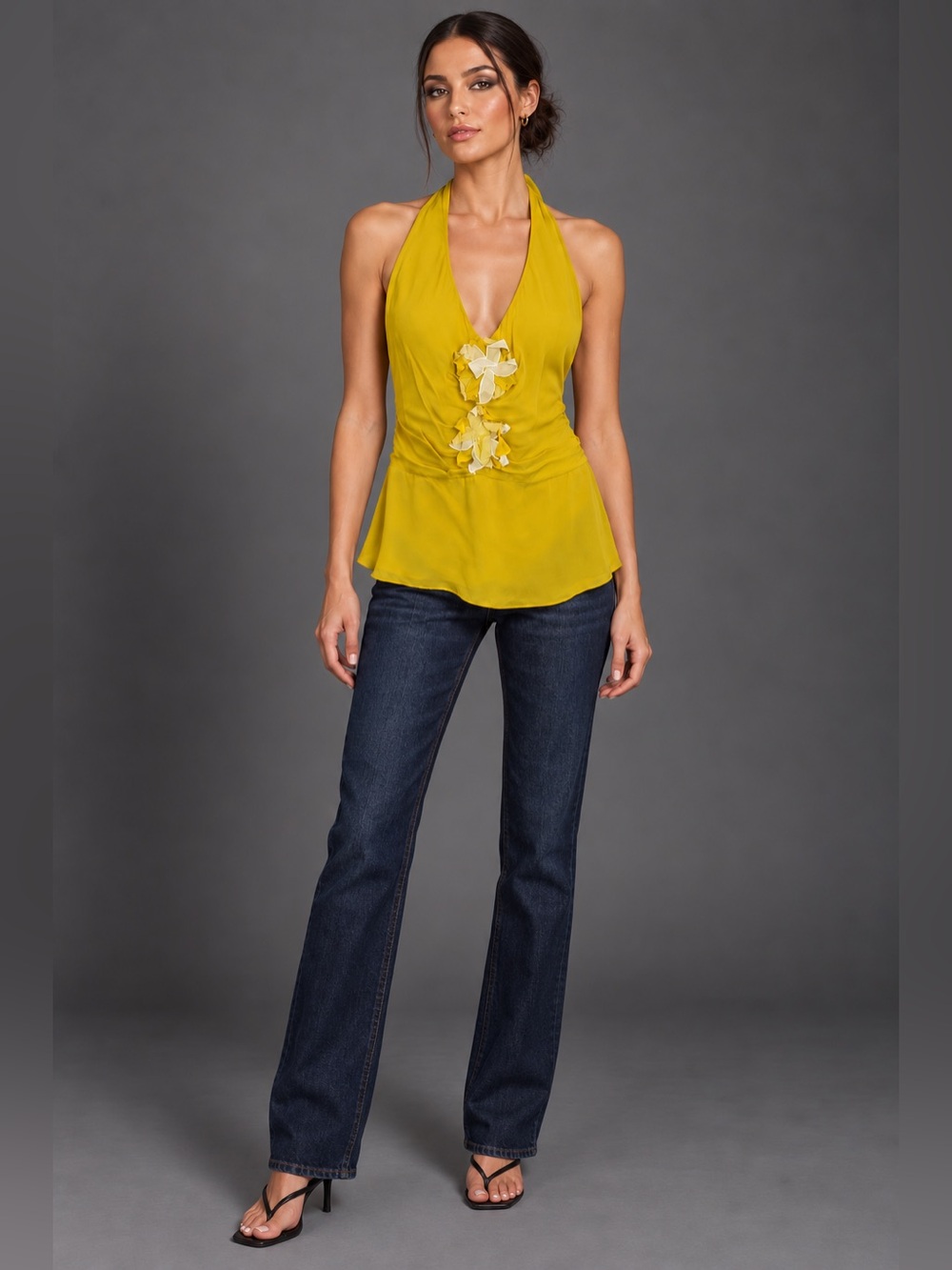 BCBGMAXAZRIA 100% Silk Yellow Floral Appliqué Halter Top XS